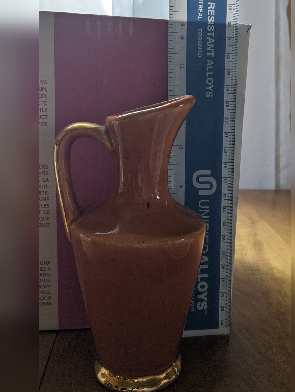 Vintage USA 210 Pottery Orangey Brown Lusterware Pitcher With Gold Accents
